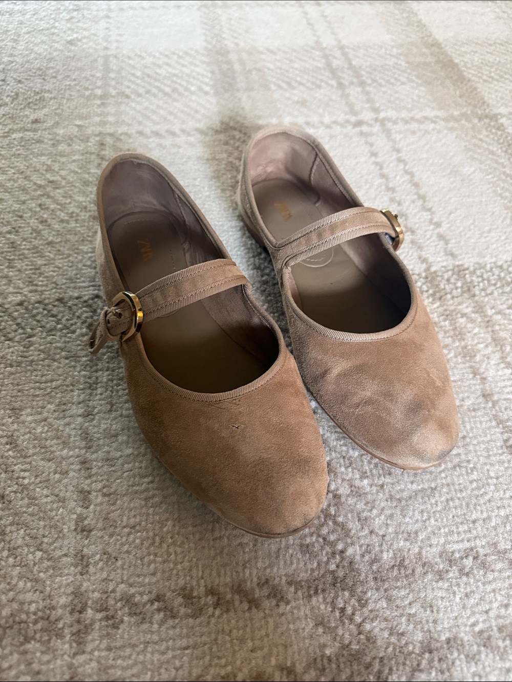 Zara Tan Suede Mary Jane Flats with Gold Buckle